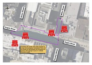 Map showing pavement closures between Queen St and Miller St