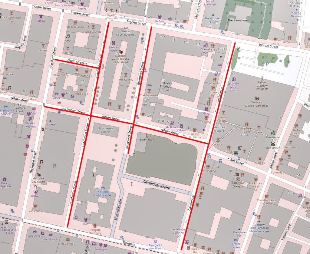 Map showing road closures for Merchant City Festival