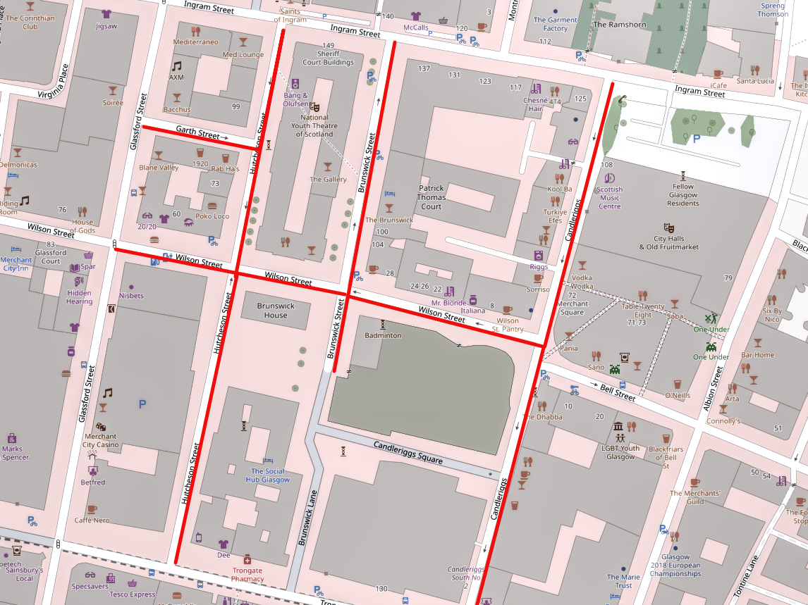 Map showing road closures for Merchant City Festival