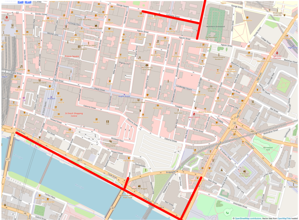 Map showing roads in the MCTCC area closed due to the Great Scottish Run