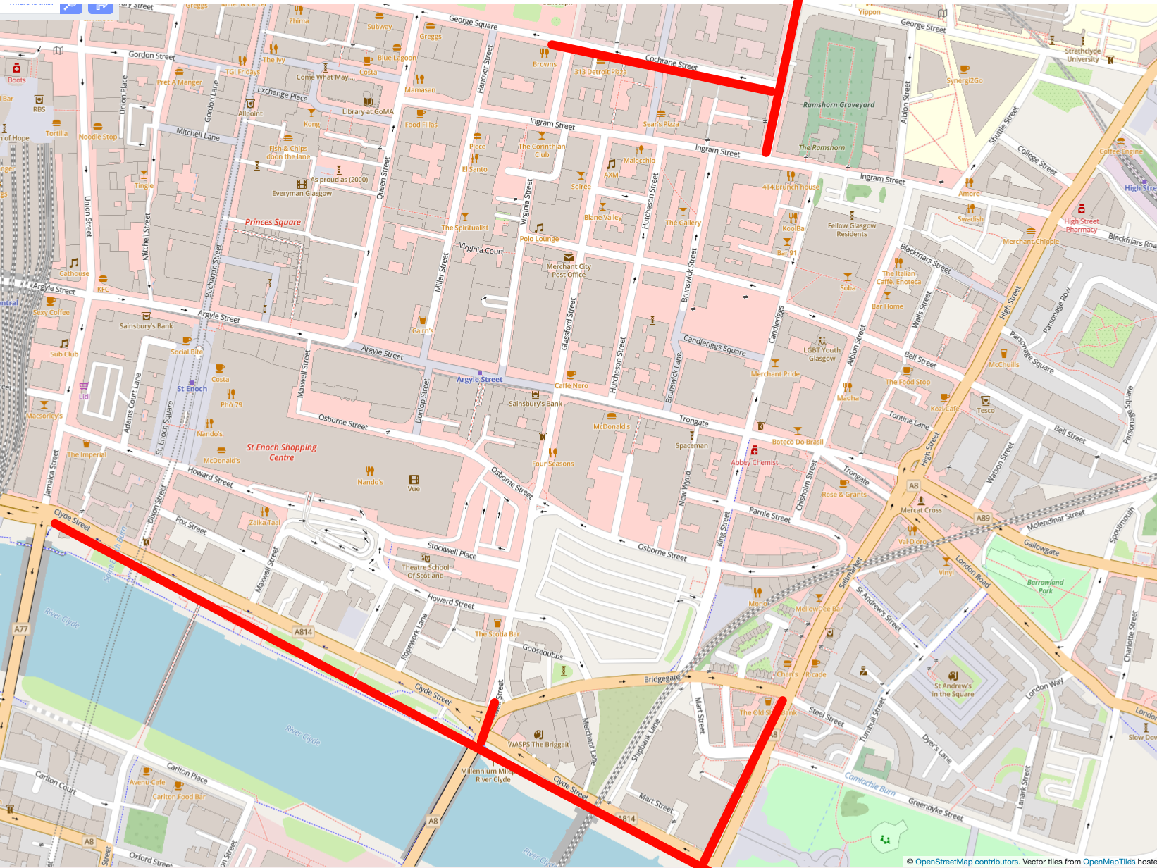 Map showing roads in the MCTCC area closed due to the Great Scottish Run