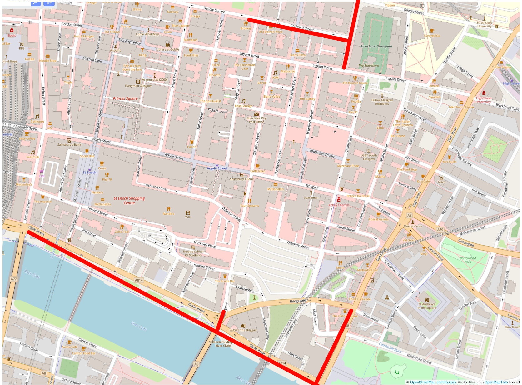 Map showing roads in the MCTCC area closed due to the Great Scottish Run