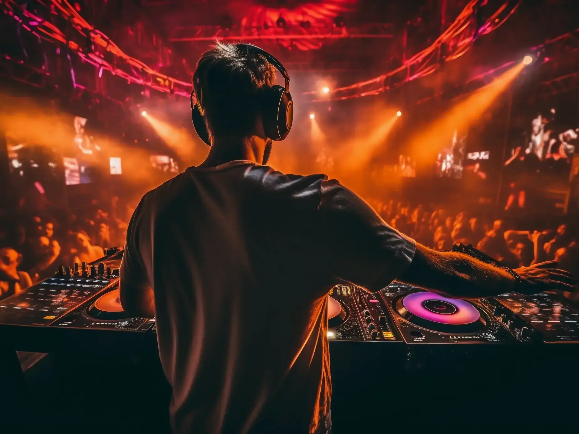 Image of DJ playing dance music in a crowded hall