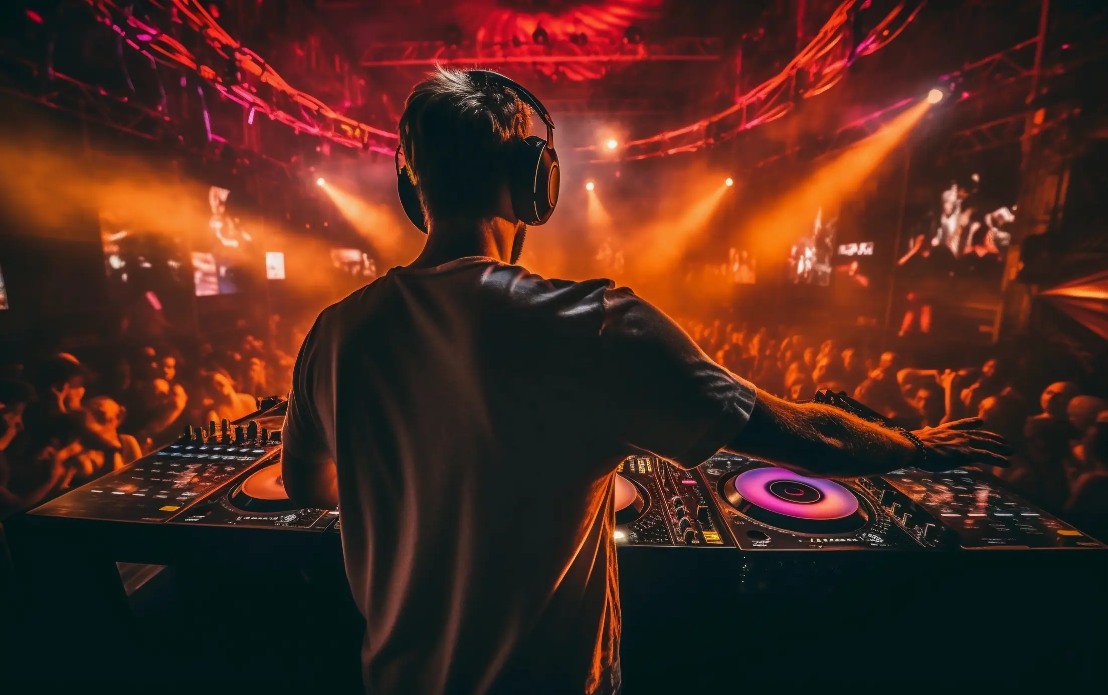 Image of DJ playing dance music in a crowded hall